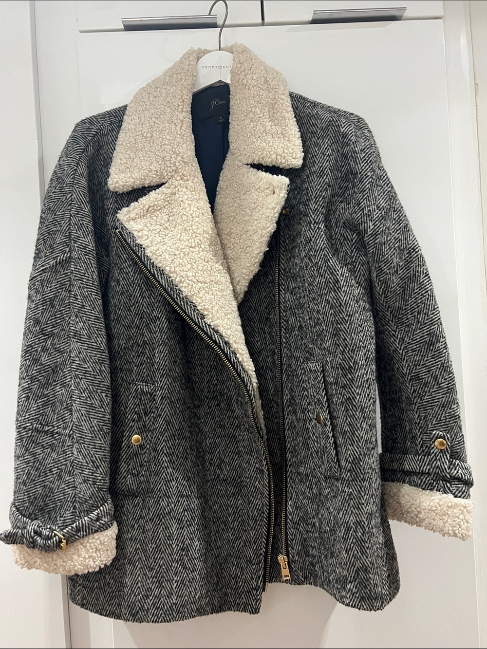 J. Crew Gray Herringbone Wool-Blend Coat with Cream Sherpa collar